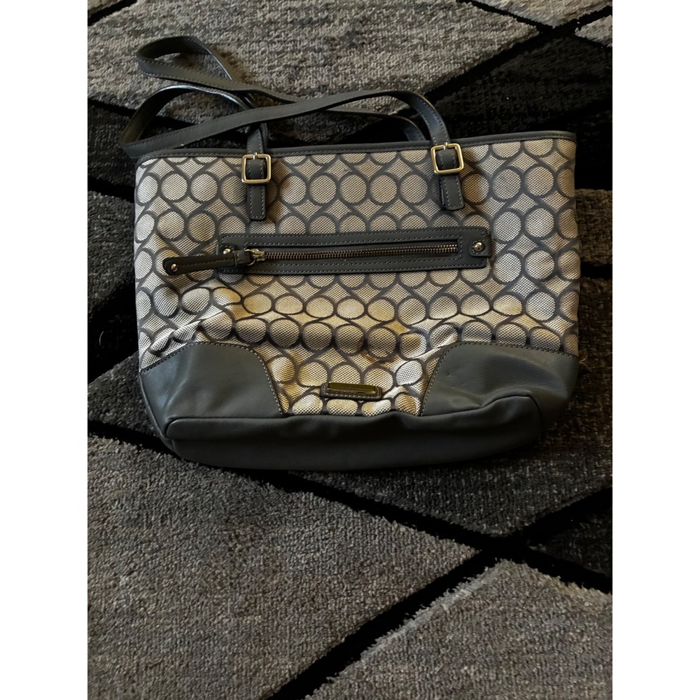 Nine West Grey Geometric Jacquard Tote Bag Shoulder Purse with Front Zip Pocket